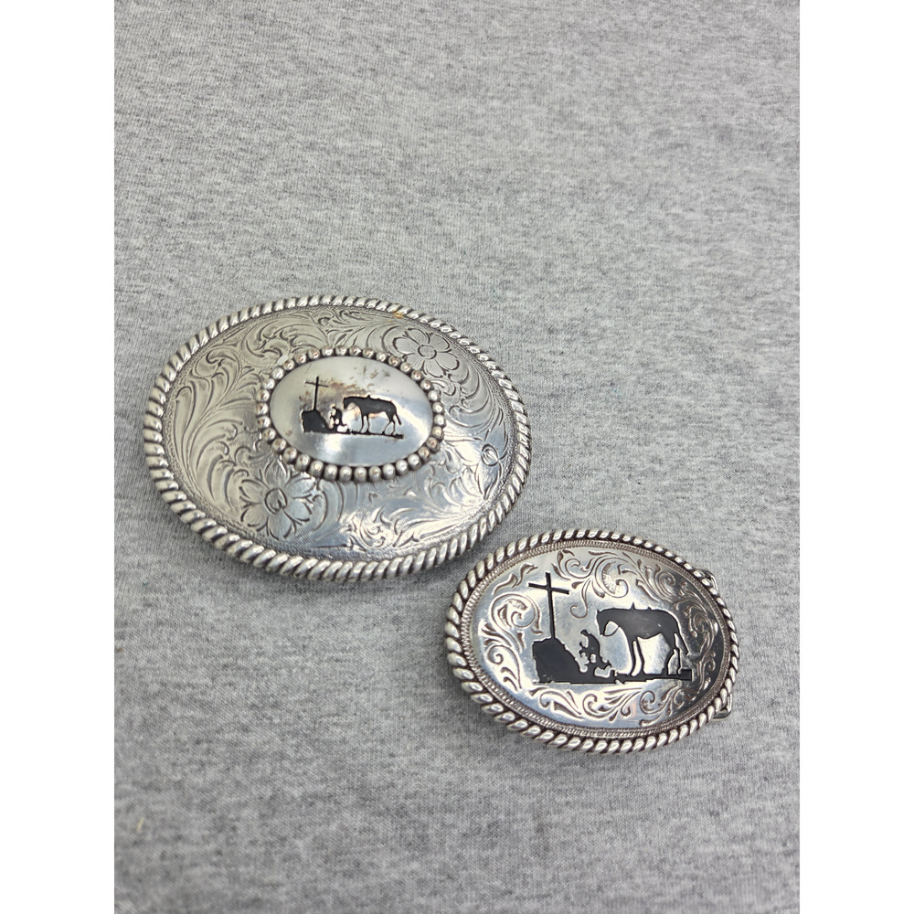 Lot of 2 Nocona His and Hers Praying Cowboy Rodeo Belt Buckles